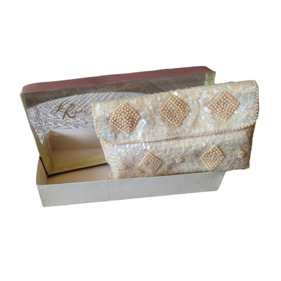 La Regale Ivory Beaded Sequin Small Evening Bag Clutch with Box Vintage Japan - Picture 1 of 9